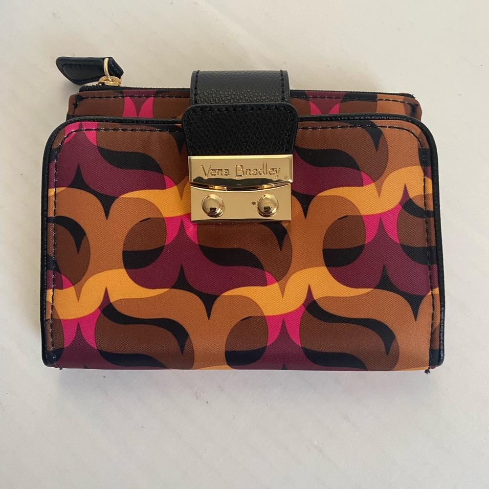 Vera Bradley Brown and Orange Wallet with Retro Pattern and Gold Clasp